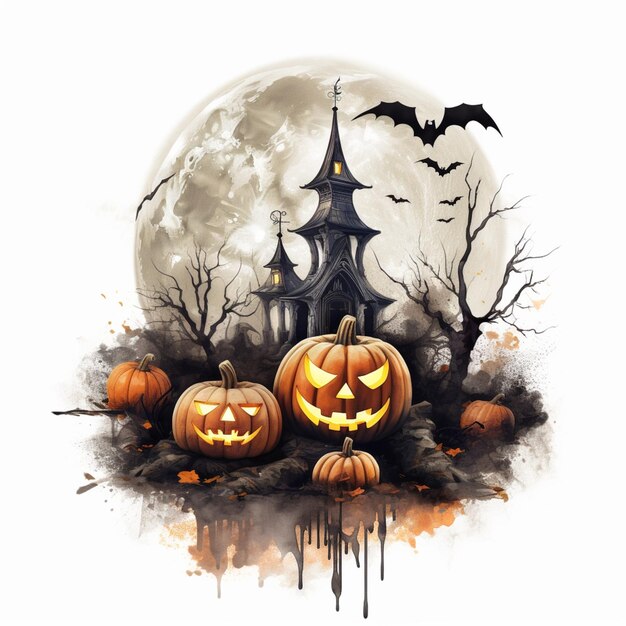 there are two pumpkins sitting in front of a castle with bats generative ai