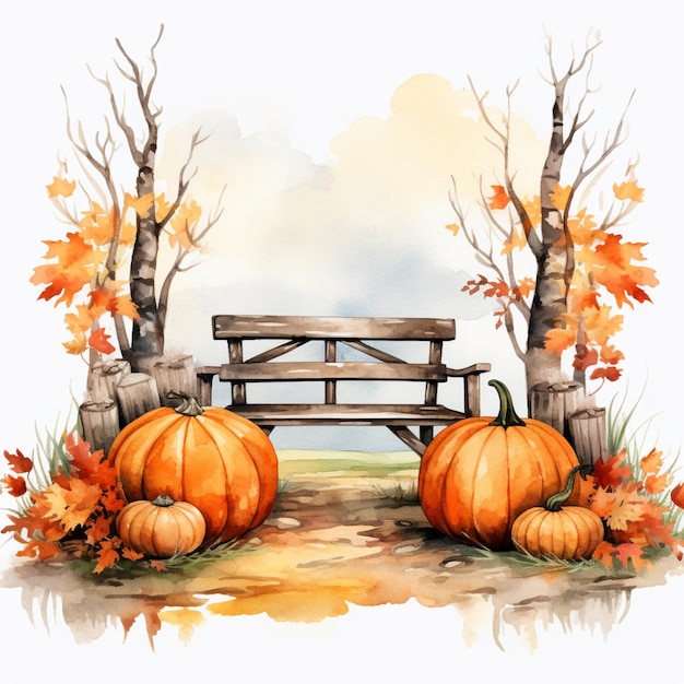 there are two pumpkins sitting on the ground near a bench generative ai