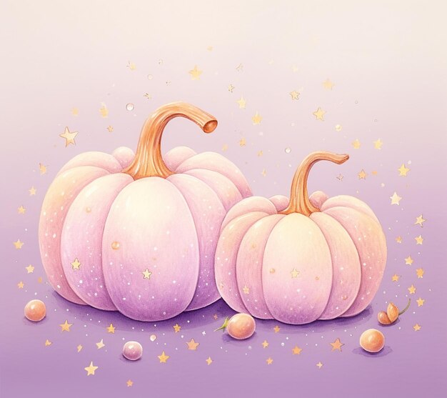 There are two pumpkins sitting on a purple surface with stars generative ai