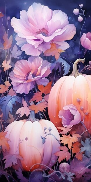 there are two pumpkins and two flowers in the background generative ai