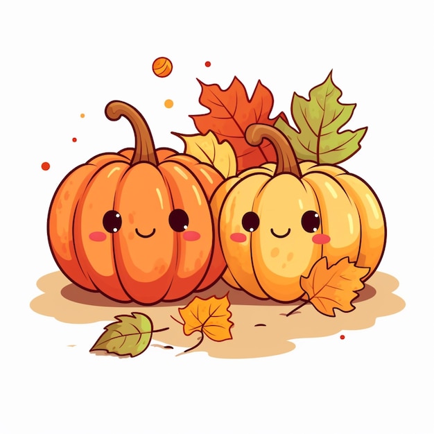 there are two pumpkins with faces and leaves on them generative ai