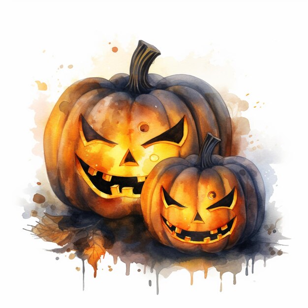 there are two pumpkins with faces painted on them with watercolor generative ai