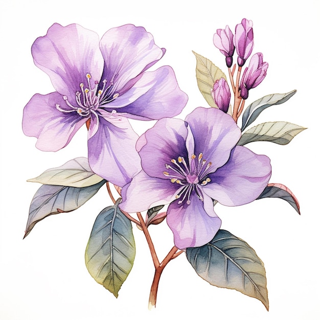 there are two purple flowers on a branch with green leaves generative ai