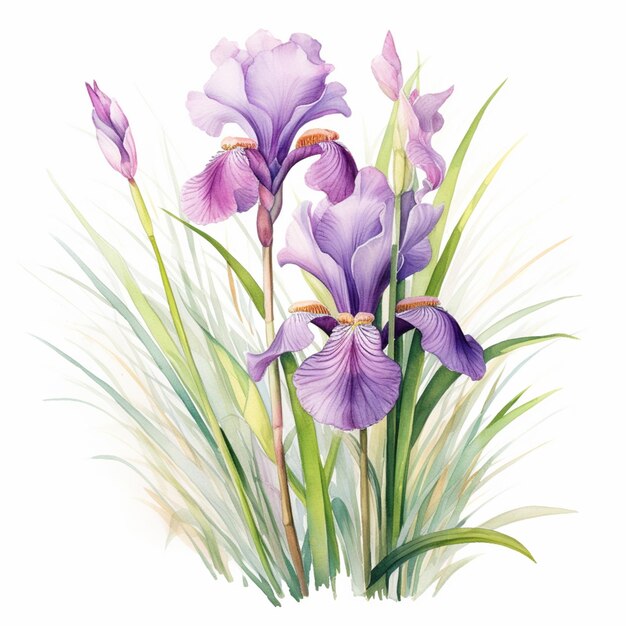 there are two purple flowers that are in the grass generative ai