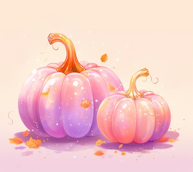 There are two purple pumpkins with gold leaves on them generative ai