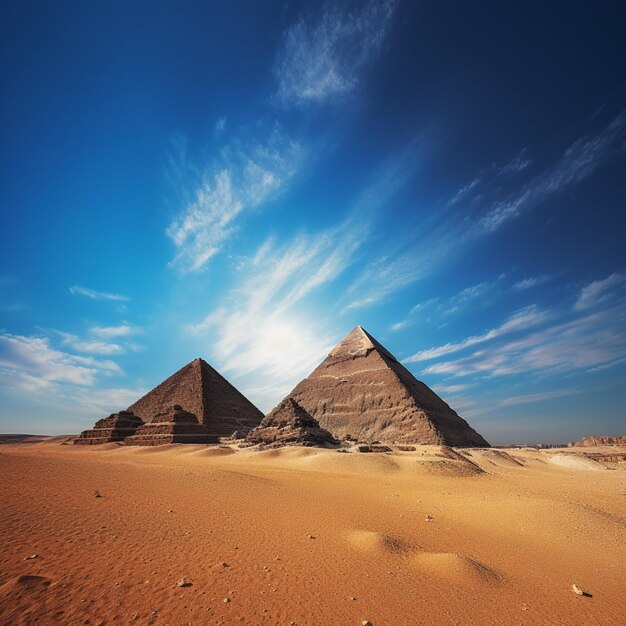 There are two pyramids in the desert with a blue sky generative ai