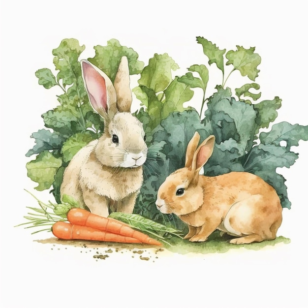 There are two rabbits and a carrot in the grass generative ai