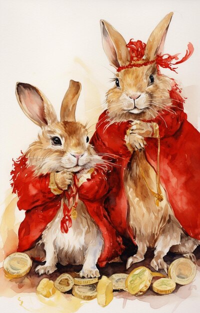 There are two rabbits dressed in red coats and gold coins generative ai