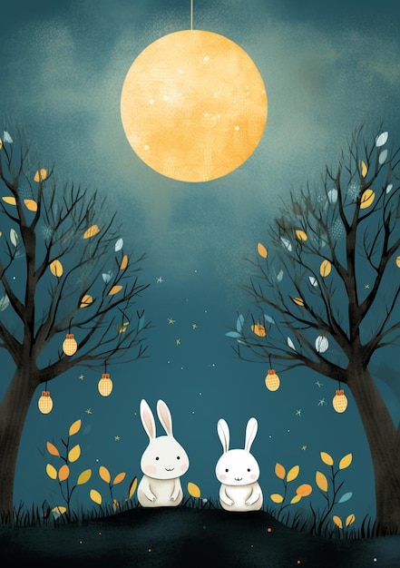 There are two rabbits sitting under a full moon in the night generative ai