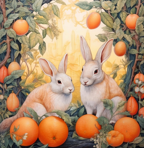 There are two rabbits sitting in a garden with oranges generative ai