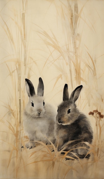 Photo there are two rabbits sitting in the grass next to each other generative ai