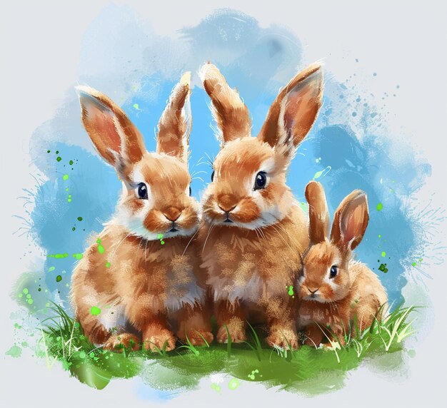 there are two rabbits sitting on the grass with a blue sky in the background generative ai