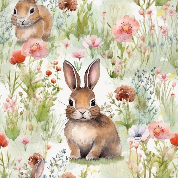 Есть два кролика, сидящих в траве с цветами.