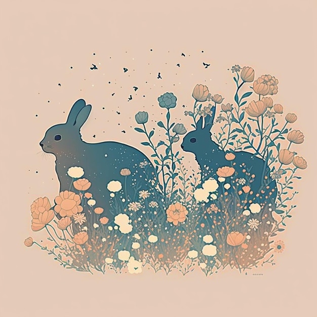 There are two rabbits sitting in the grass with flowers generative ai