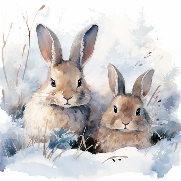 there are two rabbits sitting in the snow together generative ai