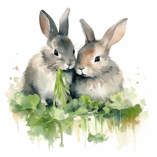두 마리의 토끼가 초록색 잎을 먹고 있습니다.