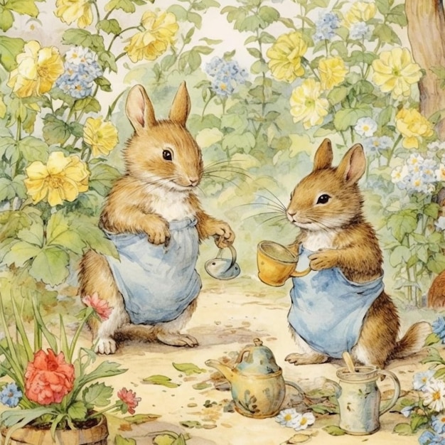 there are two rabbits that are sitting in the grass with a tea pot generative ai