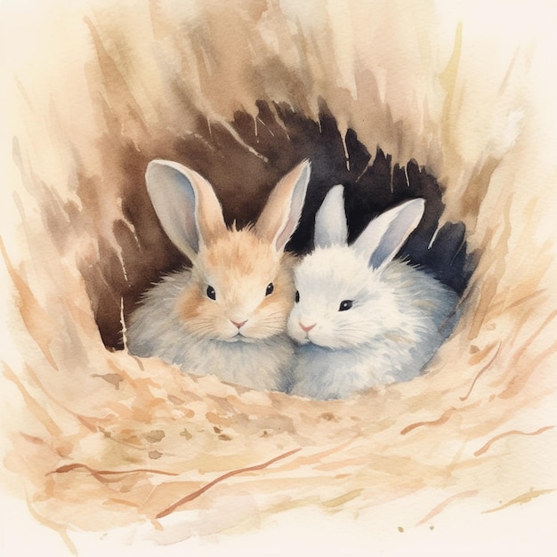 There are two rabbits that are sitting in a nest together generative ai