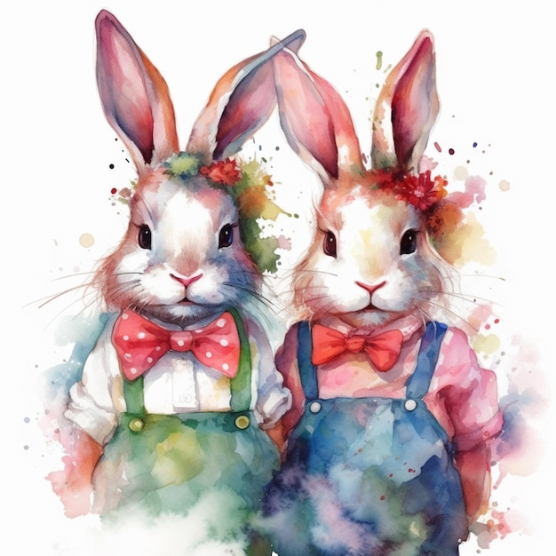 there are two rabbits that are standing next to each other generative ai