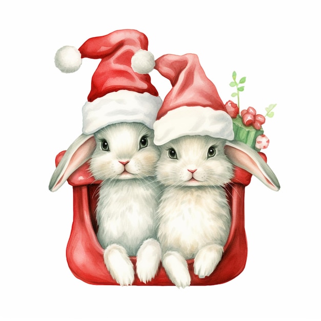 there are two rabbits wearing santa hats sitting in a bag generative ai