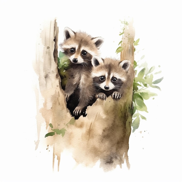There are two raccoons that are sitting in a tree generative ai