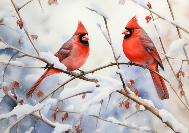 there are two red birds sitting on a branch in the snow generative ai