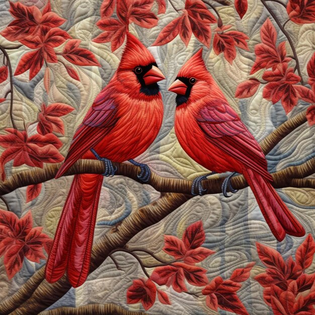 There are two red birds sitting on a branch of a tree generative ai