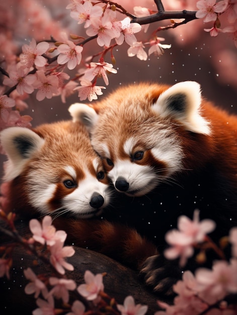 there are two red pandas that are laying on a tree branch generative ai