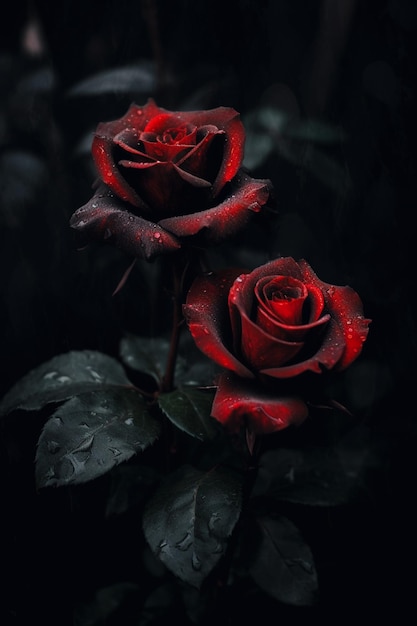 there are two red roses that are sitting on a black background generative ai