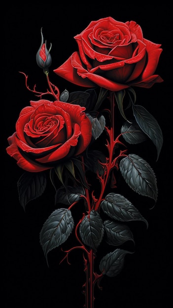 There are two red roses with green leaves on a black background generative ai