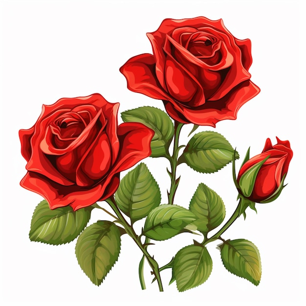 白い背景に緑の葉を持つ2つの赤いバラがあります生成ai