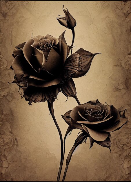 There are two roses that are on a brown background generative ai