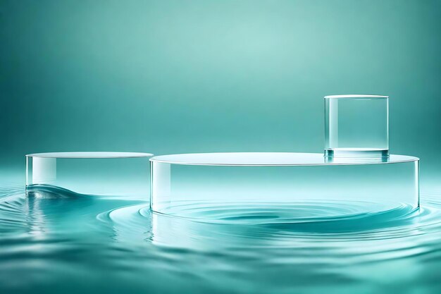 There are two round glass podiums situated on a serene water surface with waves
