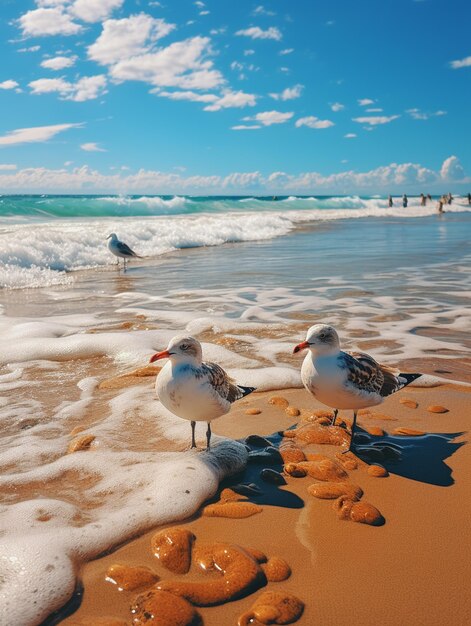 There are two seagulls standing on the beach near the water generative ai