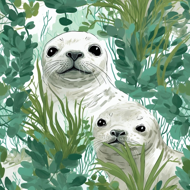 There are two seals that are sitting in the grass together generative ai