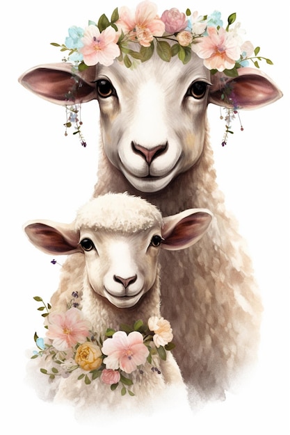 There are two sheep with flowers on their heads generative ai