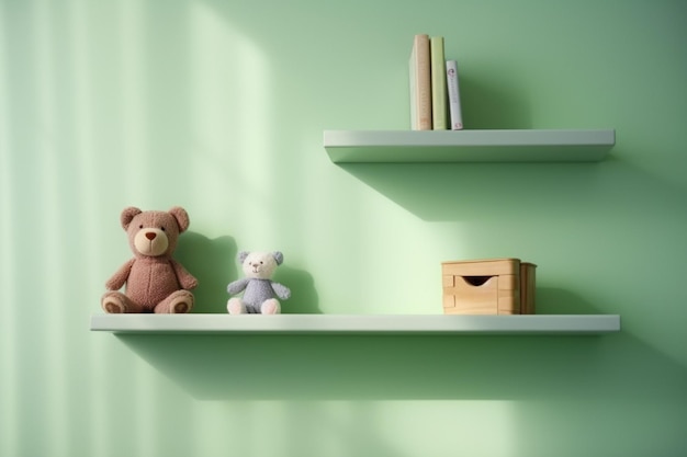 There are two shelves with two teddy bears on them generative ai