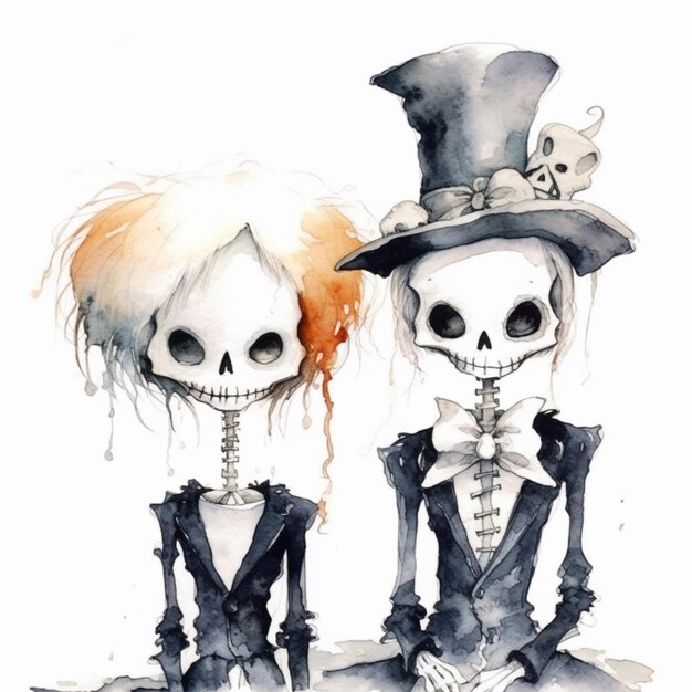 Photo there are two skeletons dressed up in costumes and hats generative ai