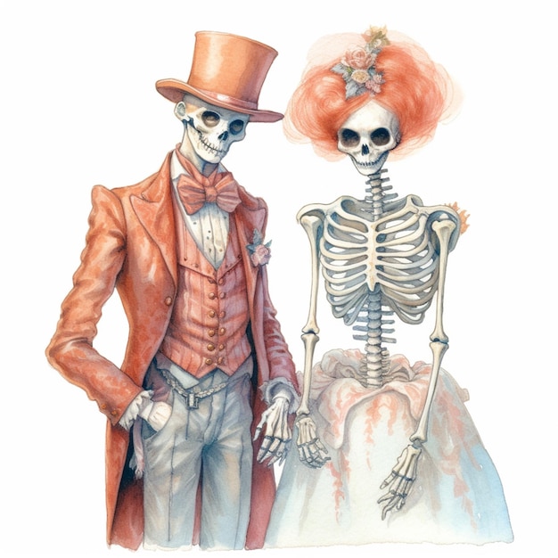 Foto ci sono due scheletri vestiti con costumi e cappelli generativi ai