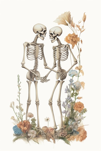 Foto ci sono due scheletri in piedi uno accanto all'altro in un campo generativo ai