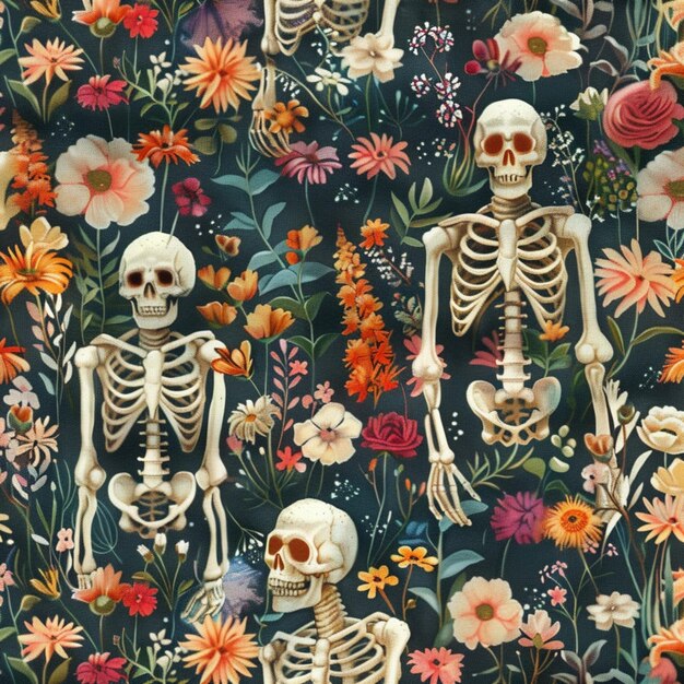 there are two skeletons standing in a field of flowers generative ai