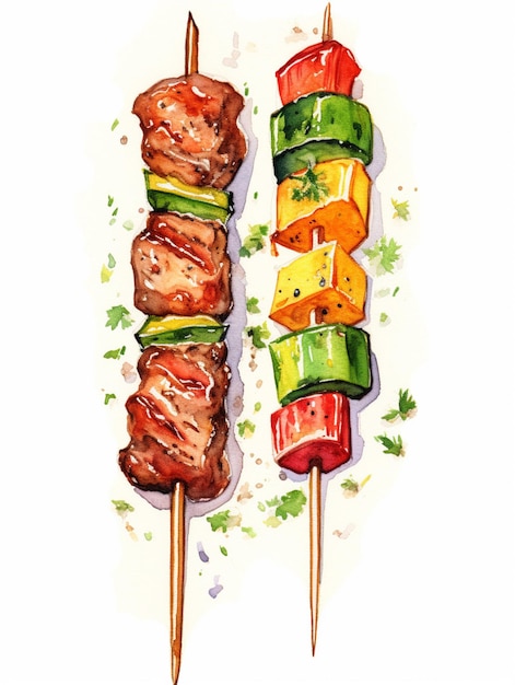 there are two skewers of meat and vegetables on a white plate generative ai