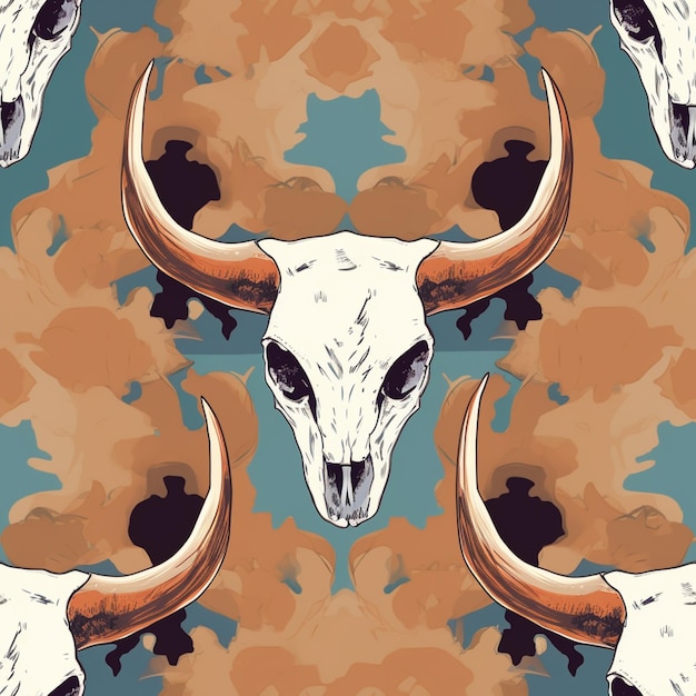 there are two skulls with horns on a blue background generative ai