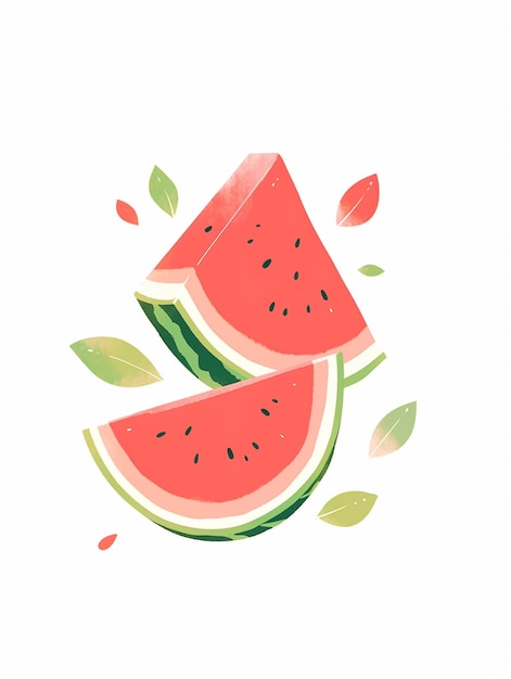 There are two slices of watermelon with leaves on them generative ai