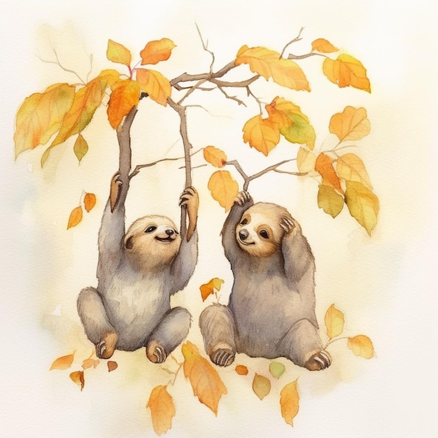 There are two sloths hanging from a tree branch in the fall generative ai