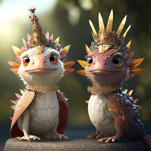 There are two small figurines of a dragon and a dragon with crowns on their heads generative ai