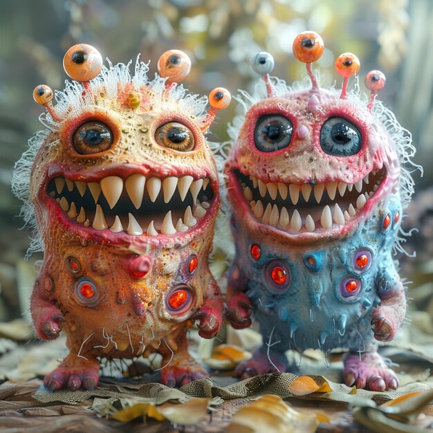 there are two small stuffed monsters with big eyes and big teeth generative ai