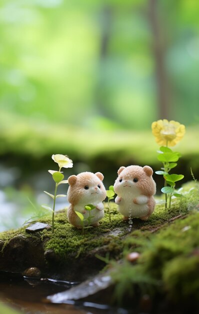 there are two small teddy bears sitting on a moss covered log generative ai