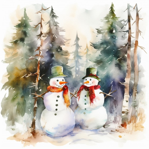 There are two snowmen that are standing in the snow generative ai