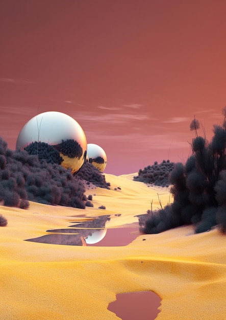 There are two spheres in the desert with a pond in the middle generative ai